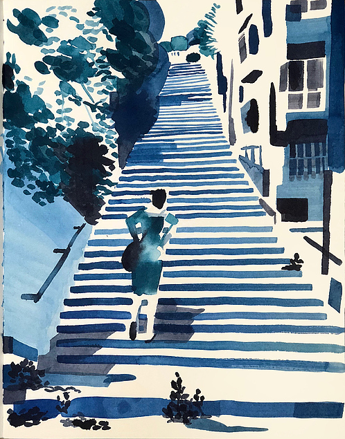 blue watercolor stairs